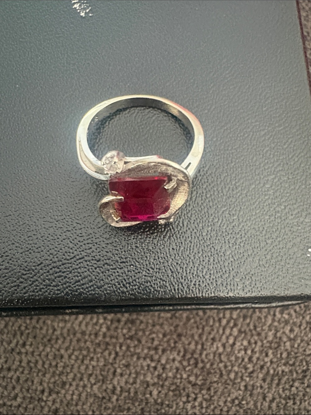 Vintage Signed A&Z 10K White Gold Lab Ruby Cocktail Swirl Ring